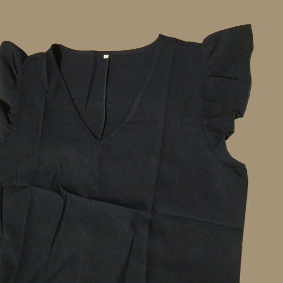 Lightweight V-Neck Ruffle-Cap Sleeve Frilly Sundress (Dark Blue) - Picture 5 of 7